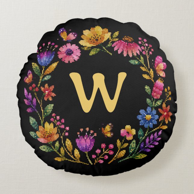 Personlig blomsterfjärilmonogramkrans rund kudde (Framsidan)