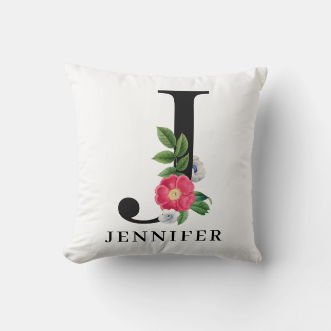 Personlig blomsterglättad alfabet J monogram Kudde (Framsida)