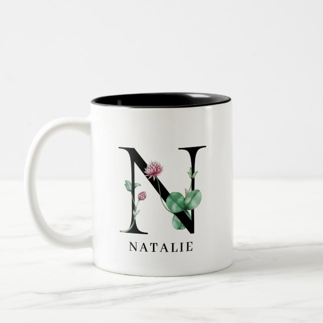 Personlig blomsterglosekonst N Monogram Två-Ton C Två-Tonad Mugg (Vänster)