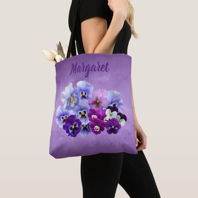 Personlig blomsterhandväska med vackra penséer tygkasse (Närbild)