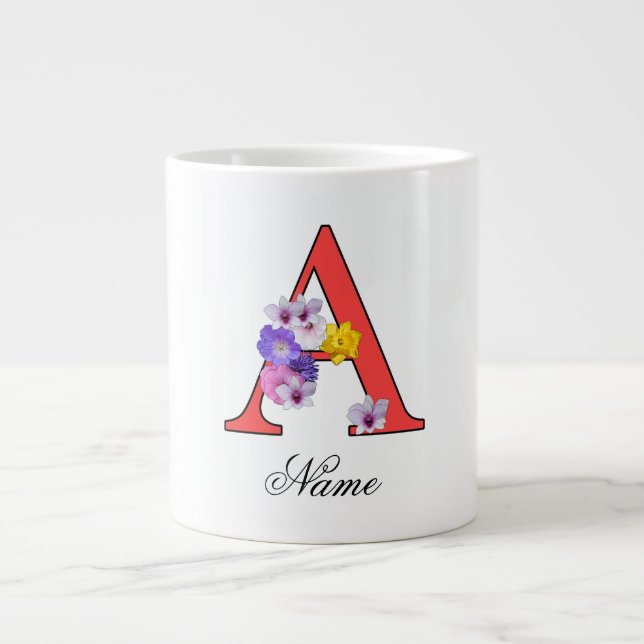 Personlig blomsterinitial A + Namn Jumbo Mugg (Framsidan)