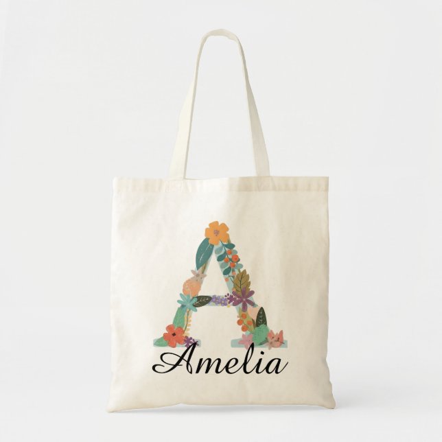 Personlig blomsterinitial Anpassat namn Botanisk Tygkasse (Framsidan)
