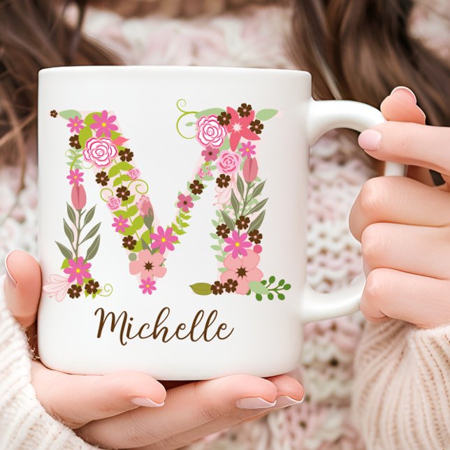 Personlig blomsterinitial Monogram M Rosa Blomma Kaffemugg (Personalized Monogram Floral Letter M Coffee Mug)
