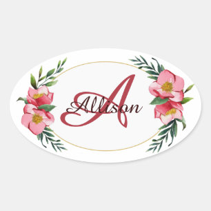 Personlig blomsterinitial ovalt klistermärke