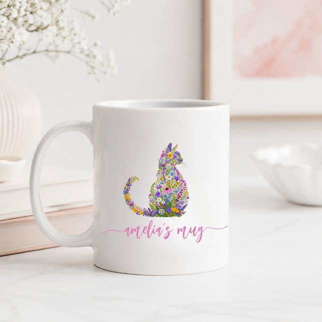 Personlig blomsterkatt Kisse Kaffemugg (Personalized Floral Cat Kitty Coffee Mug)
