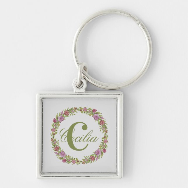 Personlig blomsterkrans efternamn monogram fyrkantig silverfärgad nyckelring (Framsidan)