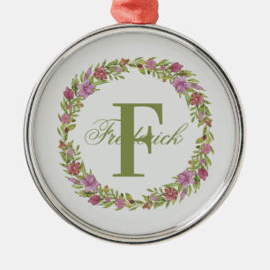 Personlig blomsterkrans efternamn monogram julgransprydnad metall