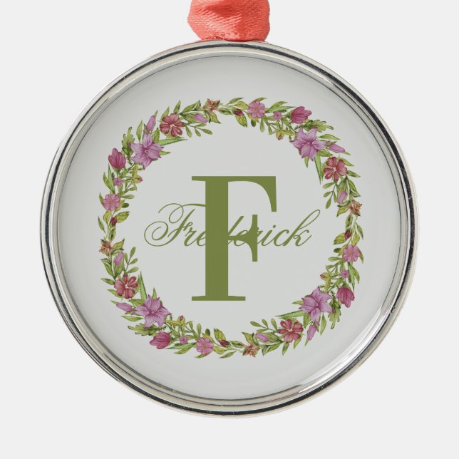 Personlig blomsterkrans efternamn monogram julgransprydnad metall (Framsidan)