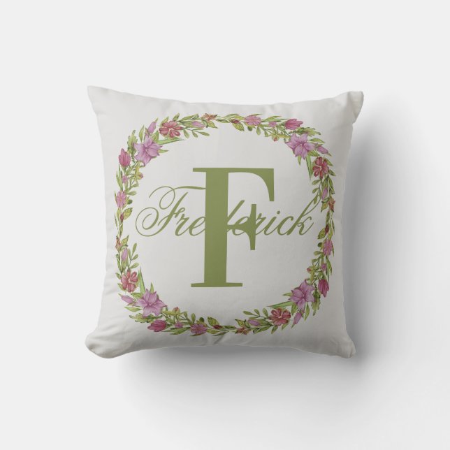 Personlig blomsterkrans efternamn monogram kudde (Framsida)