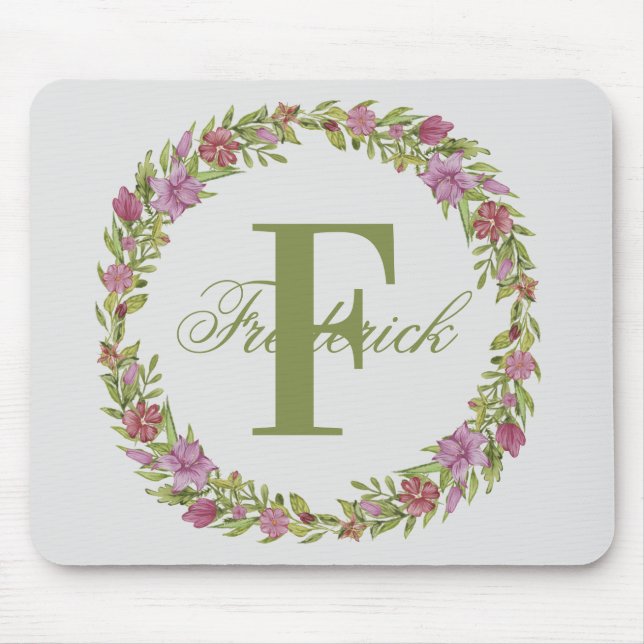 Personlig blomsterkrans efternamn monogram musmatta (Framsidan)