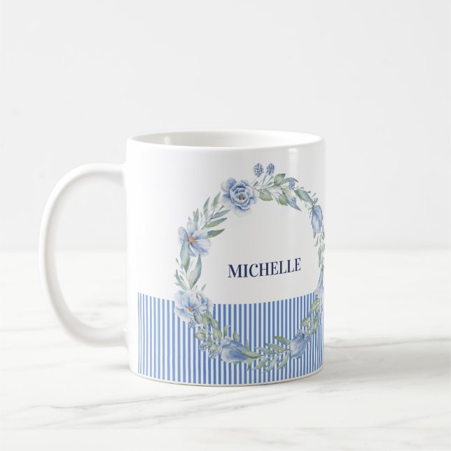 Personlig blomsterkransmugg med marinblå ränder kaffemugg (Vänster)