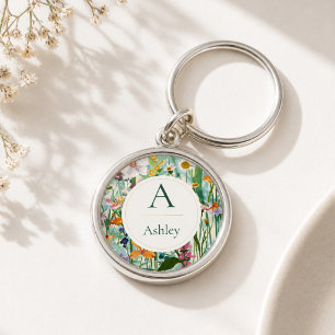 Personlig blomsterpresent med initialer för henne rund silverfärgad nyckelring