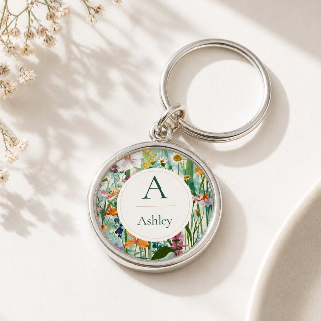 Personlig blomsterpresent med initialer för henne rund silverfärgad nyckelring (Skapare uppladdad)