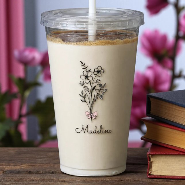 Personlig blomsterrosa rosett för brudtärna take away mugg (Skapare uppladdad)