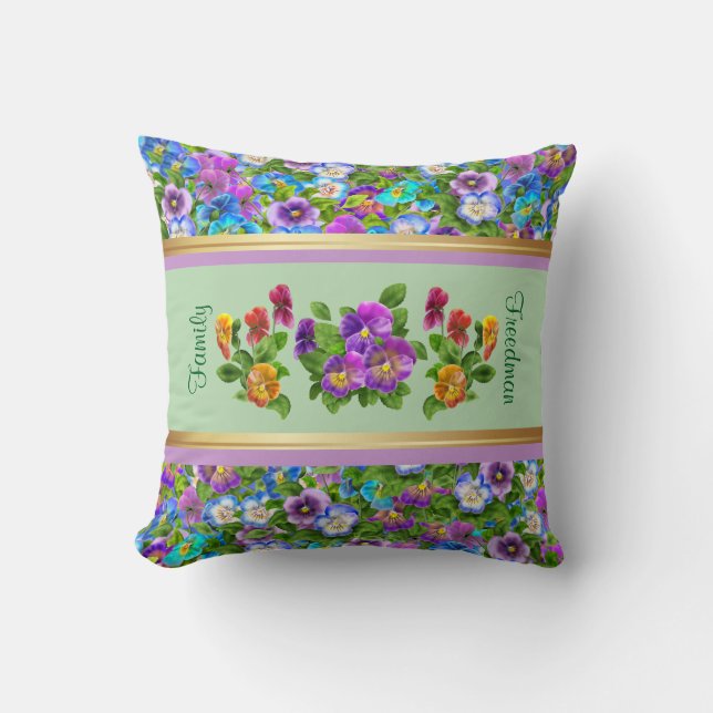 Personlig blomsterstuga med penséviolblommor kudde (Framsida)