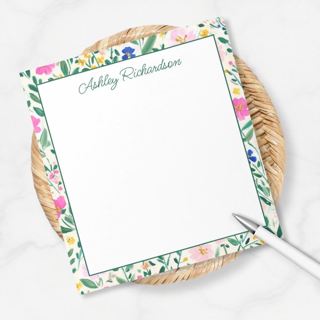 Personlig blomsterträdgård anteckningsblock (colorful fun floral garden notepad personalized with custom name monogram in calligraphy script)