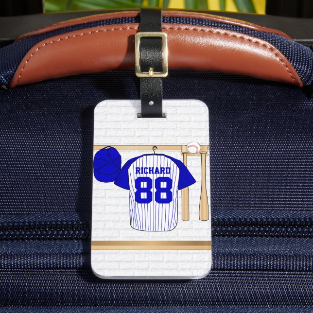 Personlig Blue and White Baseball Jersey Bagagebricka (Framsida Insitu 2)