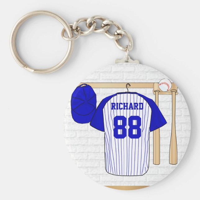 Personlig Blue and White Baseball Jersey Nyckelring (Framsidan)