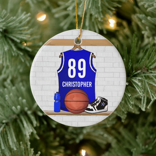 Personlig Blue and White Basketball Jersey Julgransprydnad Keramik (Träd)