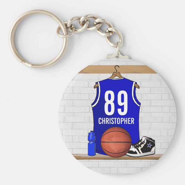Personlig Blue and White Basketball Jersey Nyckelring (Framsidan)