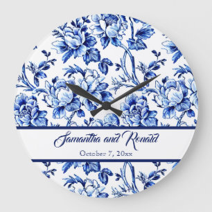 Personlig Blue and White Blommigt Toile Bröllop Stor Klocka
