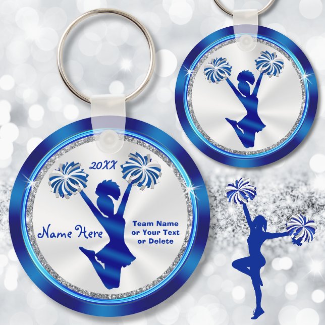Personlig Blue and White Cheer Gifts under $5 Nyckelring (Cheerleading banquet ideas. Cheerleader party Favors. Personalized cheerleading keychains.)