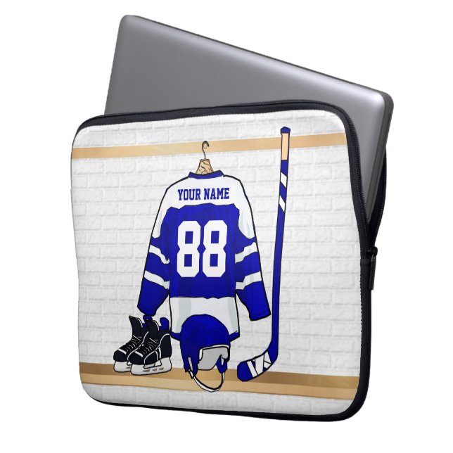 Personlig Blue and White Ice Hockey Jersey Laptop Fodral (Framsidan Vänster)
