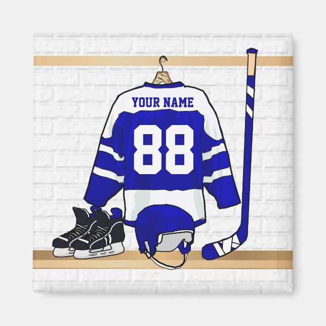 Personlig Blue and White Ice Hockey Jersey Magnet (Framsidan)