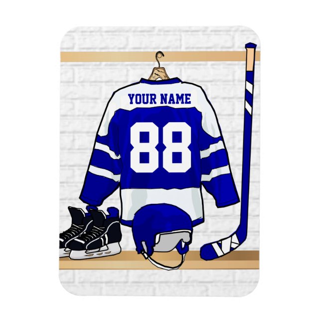 Personlig Blue and White Ice Hockey Jersey Magnet (Vertikal)