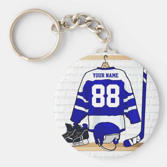 Personlig Blue and White Ice Hockey Jersey Nyckelring (Framsidan)