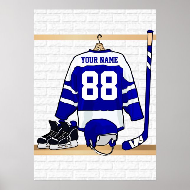 Personlig Blue and White Ice Hockey Jersey Poster (Framsidan)