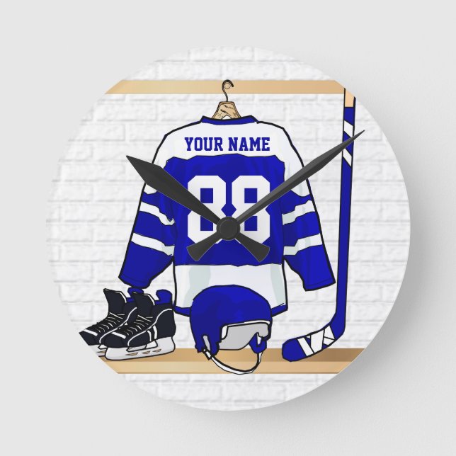 Personlig Blue and White Ice Hockey Jersey Rund Klocka (Framsida)