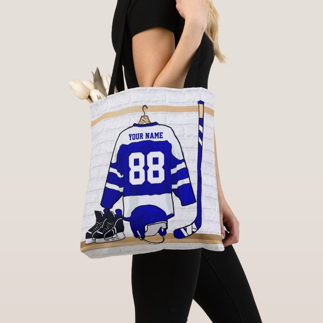 Personlig Blue and White Ice Hockey Jersey Tygkasse (Närbild)