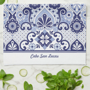 Personlig Blue and White Mexican Talavera Tile Kökshandduk