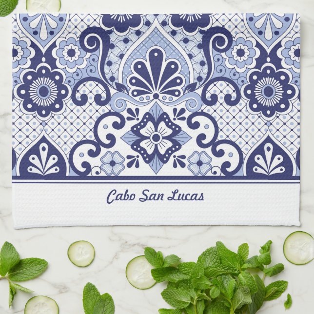 Personlig Blue and White Mexican Talavera Tile Kökshandduk (Vikta)