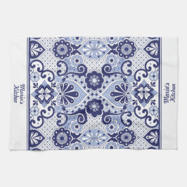 Personlig Blue and White Mexican Talavera Tile Kökshandduk