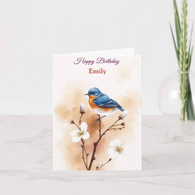 Personlig Blue Bird Flowers Vattenfärgfödelsedag Kort (Framsida)
