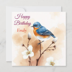 Personlig Blue Bird Flowers Vattenfärgfödelsedag Kort