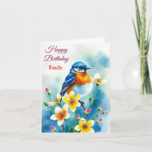 Personlig Blue Bird Flowers Vattenfärgfödelsedag