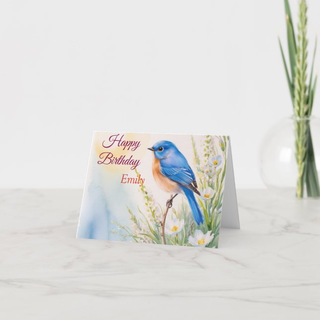 Personlig Blue Bird Flowers Vattenfärgfödelsedag Kort (Framsida)