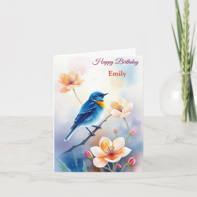 Personlig Blue Bird Flowers Vattenfärgfödelsedag Kort (Framsida)