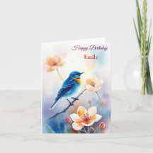 Personlig Blue Bird Flowers Vattenfärgfödelsedag