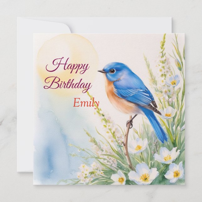 Personlig Blue Bird Flowers Vattenfärgfödelsedag Kort (Framsida)