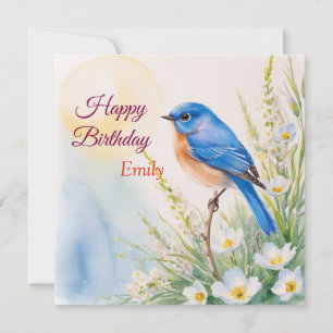 Personlig Blue Bird Flowers Vattenfärgfödelsedag Kort
