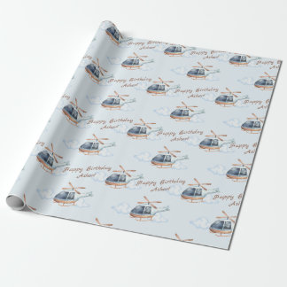 Personlig Blue Birthday Watercolor Helicopter Presentpapper