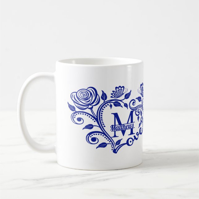Personlig Blue Blommigt Monogram M Kaffemugg (Vänster)