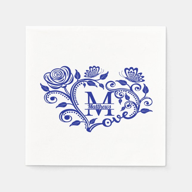Personlig Blue Blommigt Monogram M Pappersservett (Framsidan)