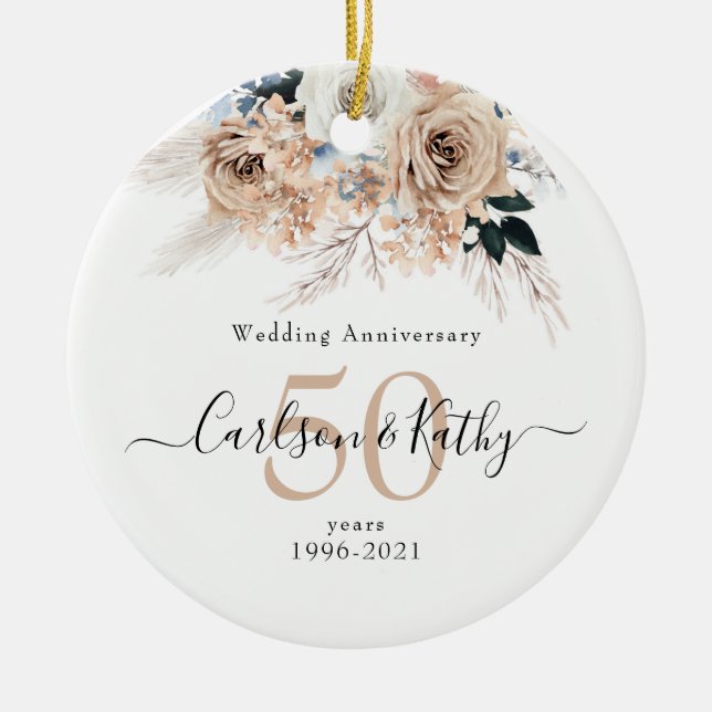 Personlig Blue Boho Blommigt 50-årsdagen Julgransprydnad Keramik (Framsidan)