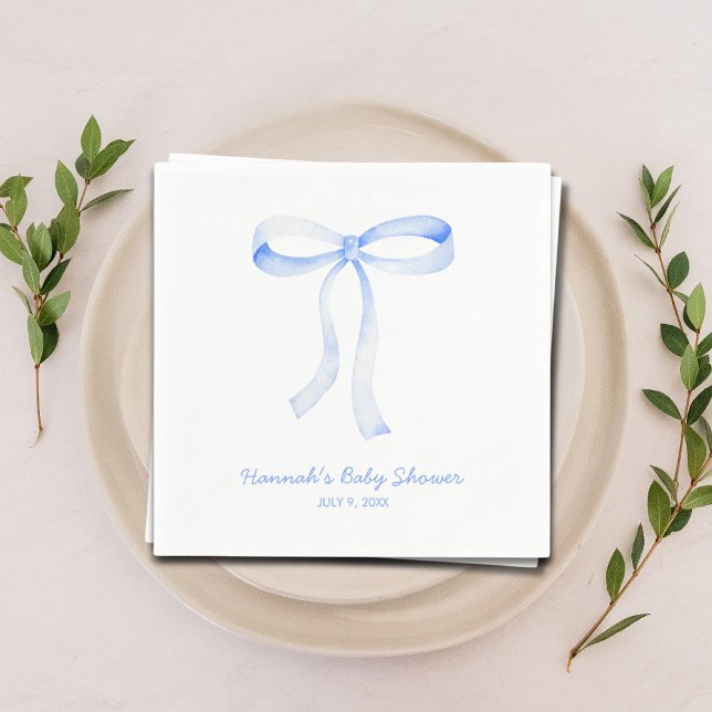 Personlig Blue Bow Baby Shower Watercolor Pappersservett (Personalized Blue Bow Baby Shower Watercolor Napkins)