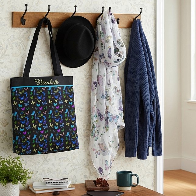 Personlig Blue Butterflulies on black Tote Bag Tygkasse (Skapare uppladdad)